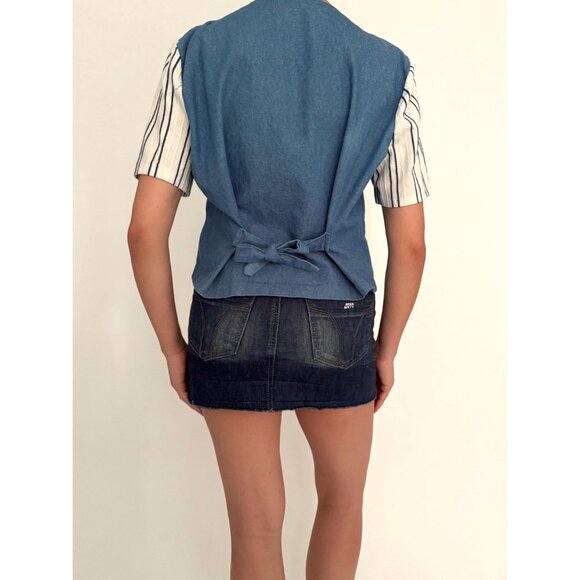 90s vintage blue denim button up vest cottage summer layered short sleeved shirt - Picture 5 of 10